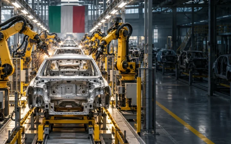 Linea di assemblaggio automobilistico con robot e scocche: illustrazione generata con IA, non fotografia di uno stabilimento Stellantis.