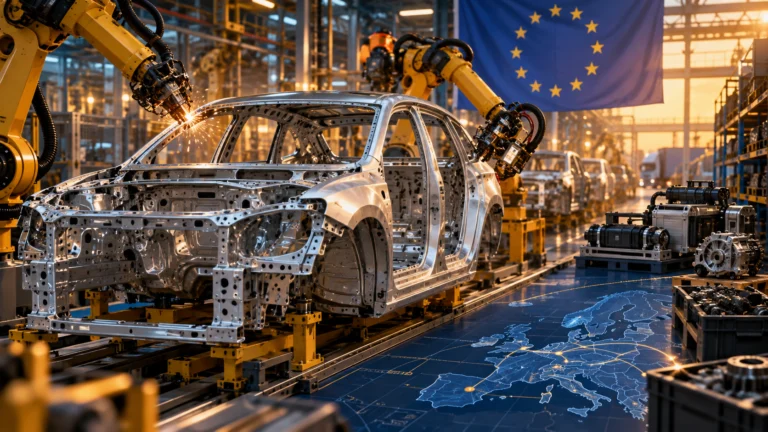 Illustrazione di una carrozzeria su una linea produttiva europea, con robot industriali e bandiera UE