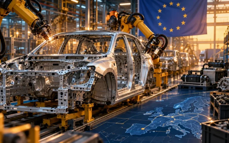Illustrazione di una carrozzeria su una linea produttiva europea, con robot industriali e bandiera UE