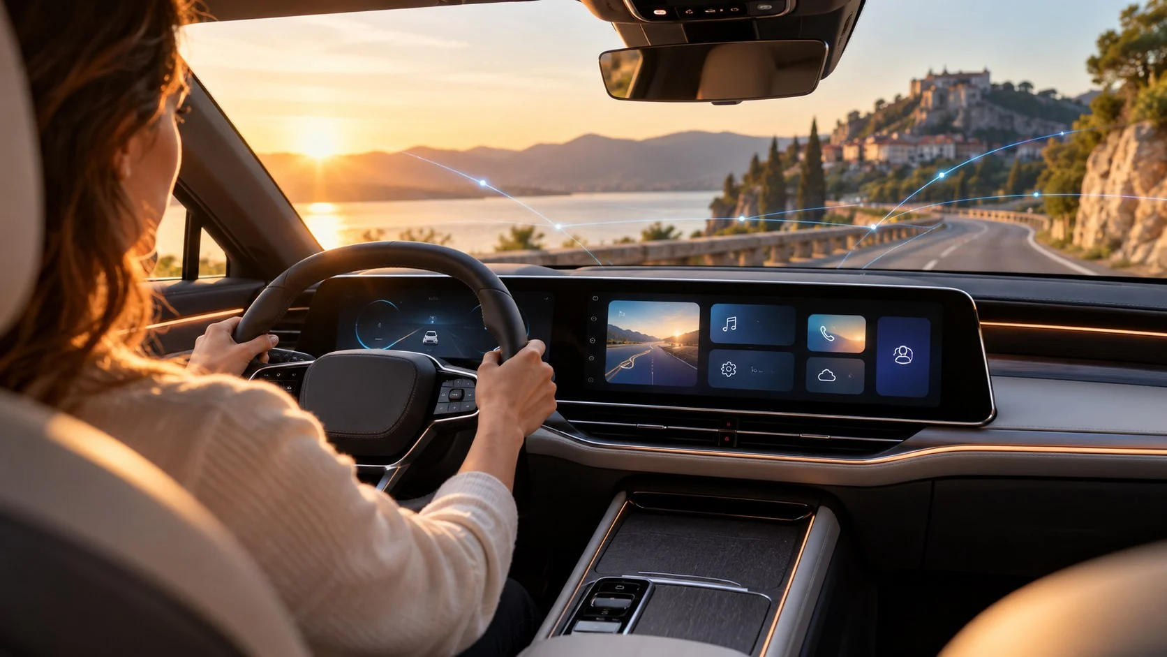 Abitacolo di un’automobile con schermo integrato e interfaccia digitale illustrativa