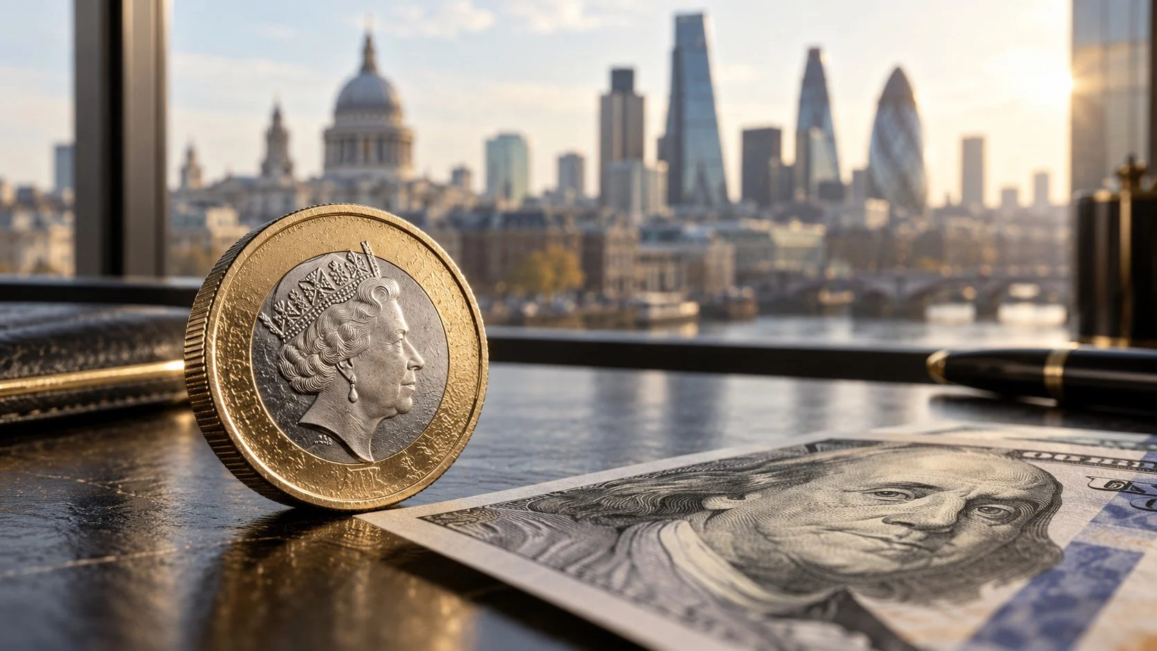 Moneta della sterlina e banconota del dollaro con il distretto finanziario di Londra sullo sfondo