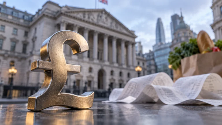 Simbolo della sterlina davanti alla facciata della Bank of England, illustrazione editoriale