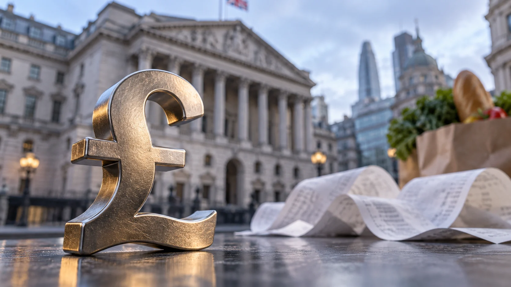 Simbolo della sterlina davanti alla facciata della Bank of England, illustrazione editoriale