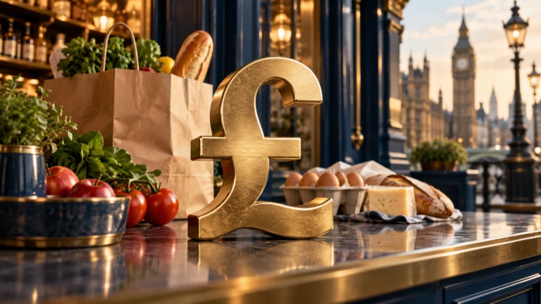 Simbolo della sterlina su un banco con prodotti alimentari e skyline di Londra sullo sfondo