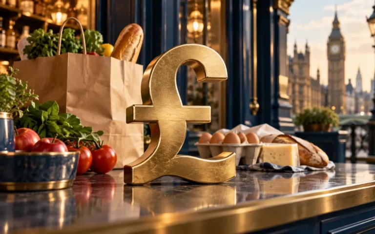 Simbolo della sterlina su un banco con prodotti alimentari e skyline di Londra sullo sfondo