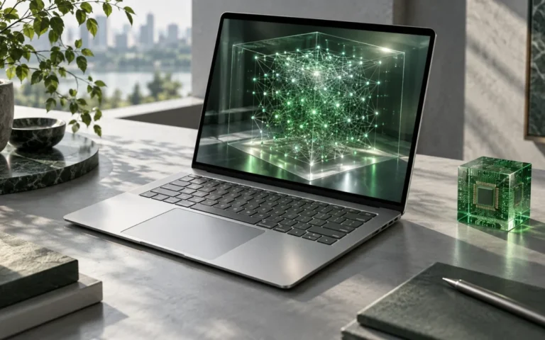Illustrazione concettuale di un portatile con una rete di intelligenza artificiale locale sullo schermo e un chip verde
