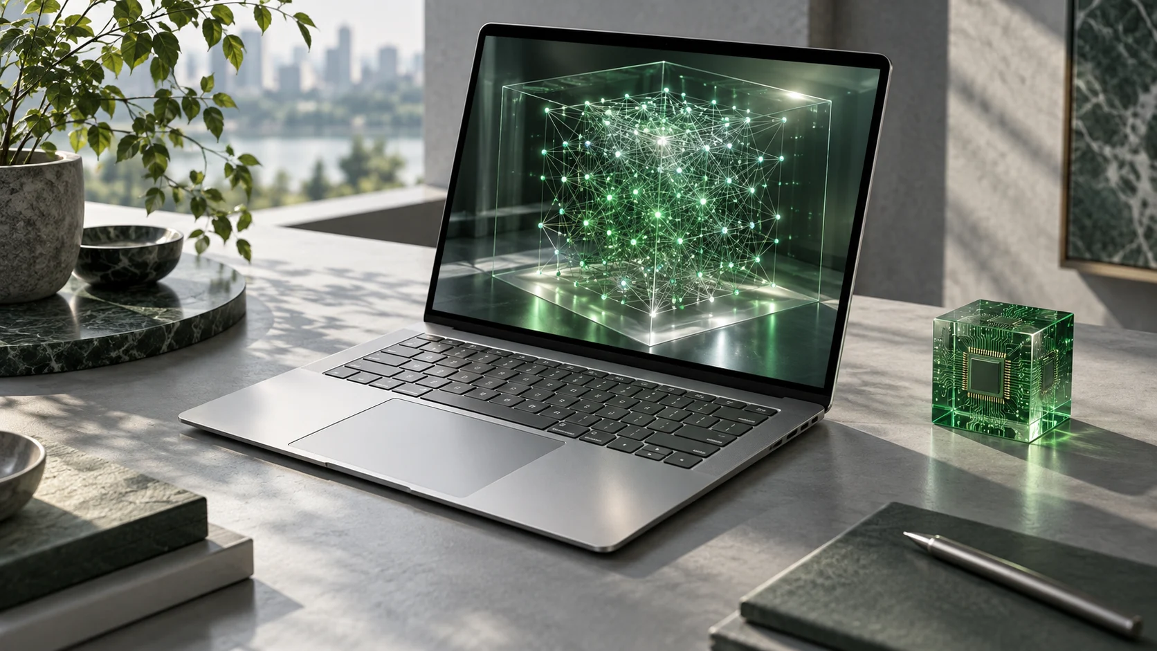 Illustrazione concettuale di un portatile con una rete di intelligenza artificiale locale sullo schermo e un chip verde