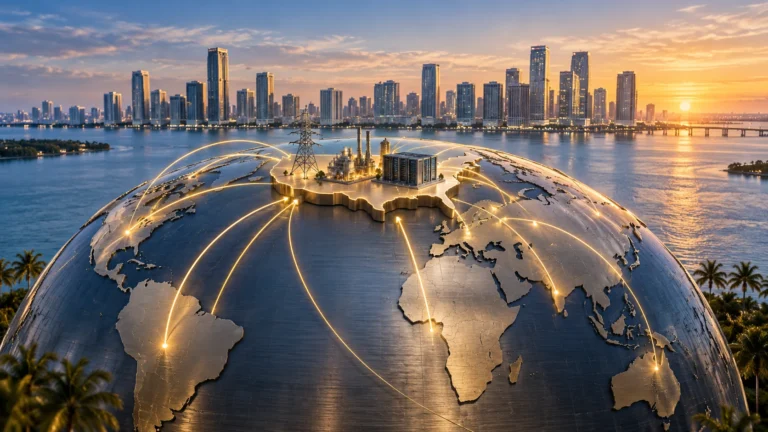 Illustrazione generata con IA: globo e percorsi di capitale verso infrastrutture statunitensi, con Miami sullo sfondo.
