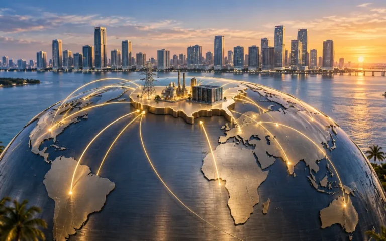 Illustrazione generata con IA: globo e percorsi di capitale verso infrastrutture statunitensi, con Miami sullo sfondo.