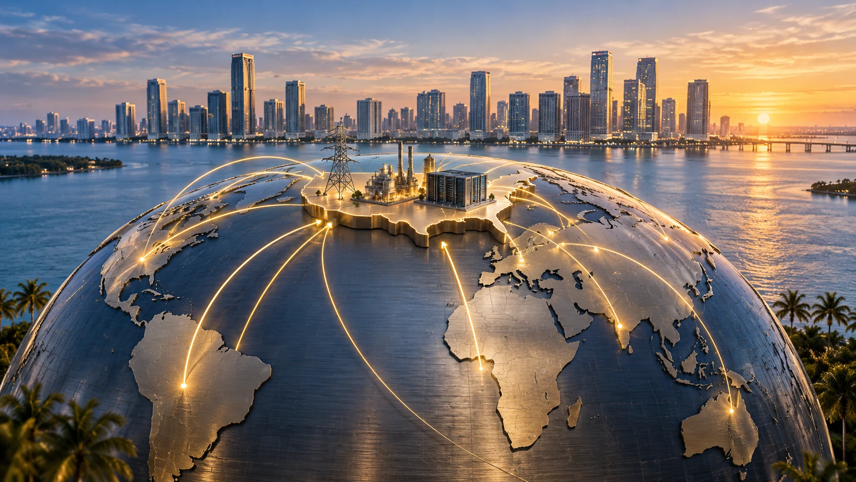 Illustrazione generata con IA: globo e percorsi di capitale verso infrastrutture statunitensi, con Miami sullo sfondo.