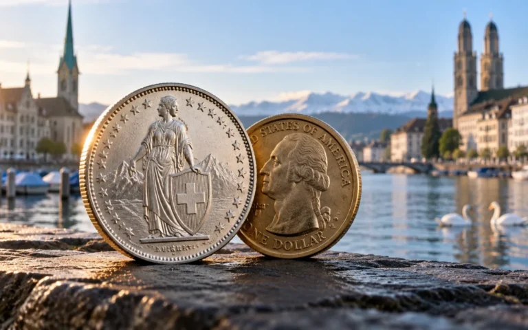 Illustrazione originale di una moneta svizzera e di un dollaro davanti al lungofiume di Zurigo