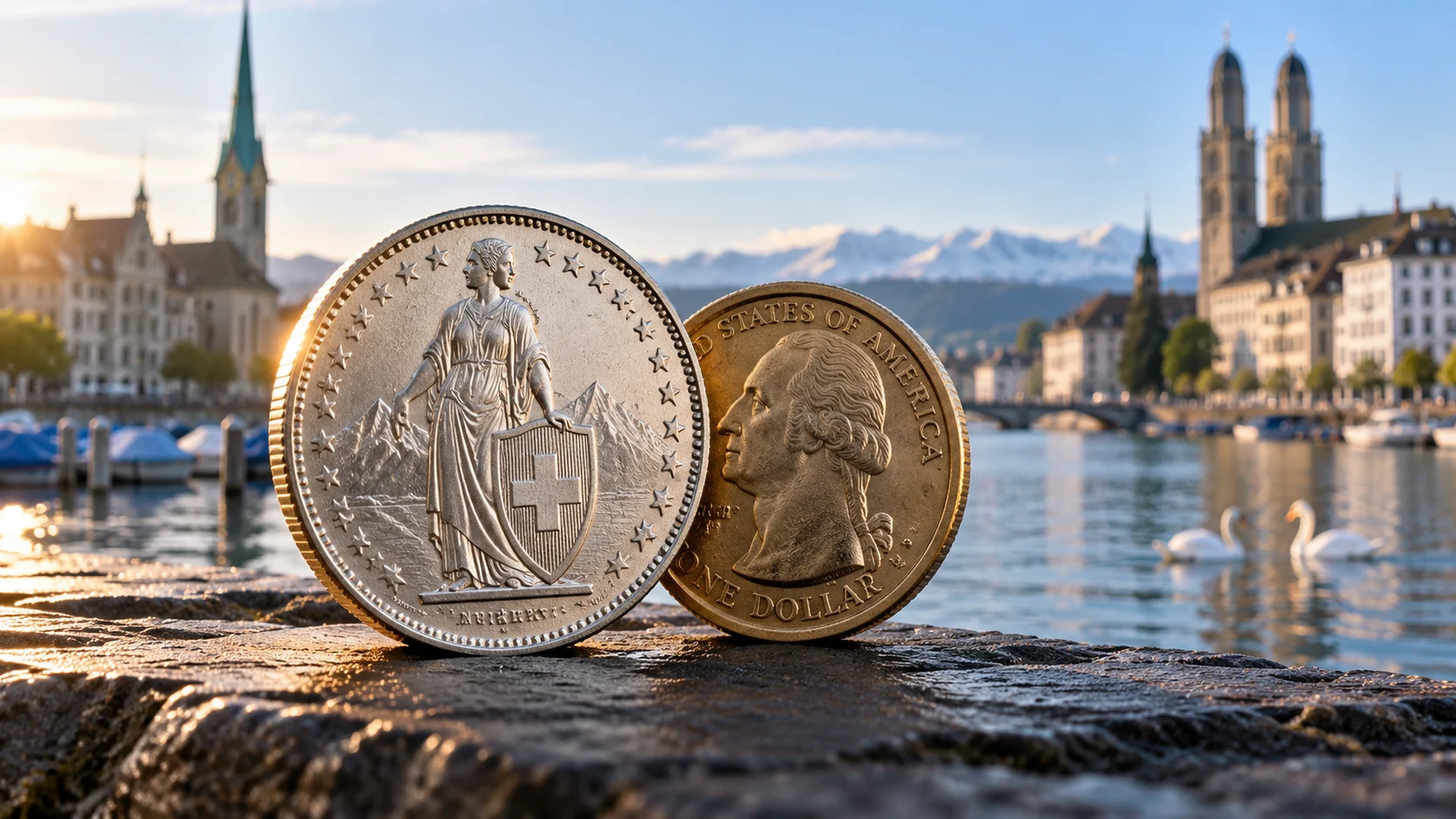Illustrazione originale di una moneta svizzera e di un dollaro davanti al lungofiume di Zurigo