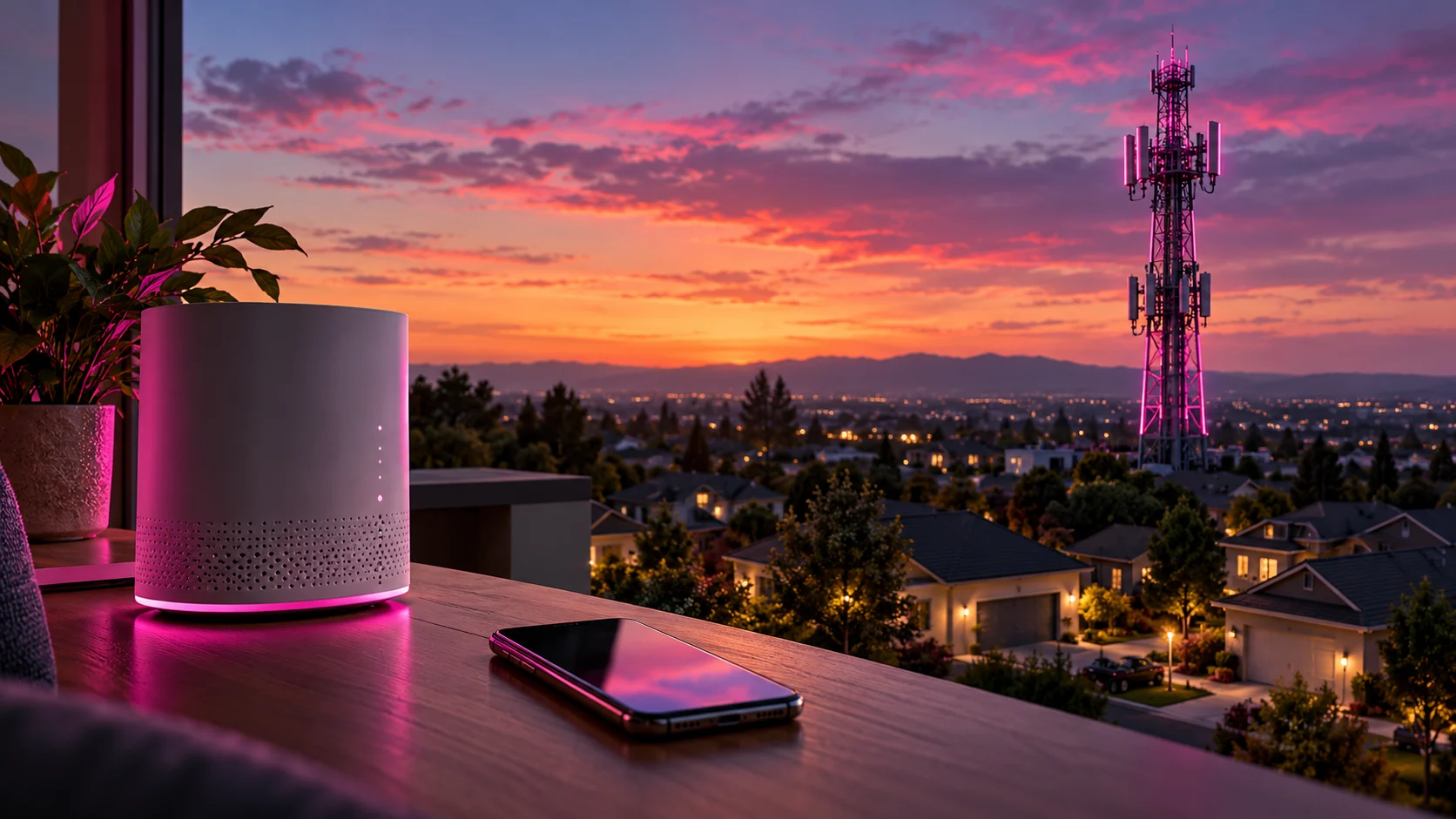 Torre di telecomunicazioni sopra un quartiere residenziale con router e smartphone in primo piano