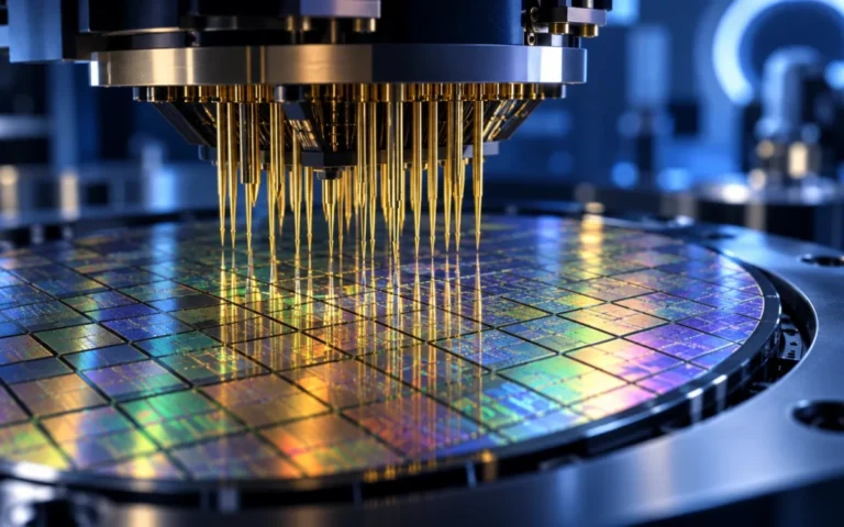 Illustrazione ravvicinata di sonde di precisione sopra un wafer di semiconduttori.