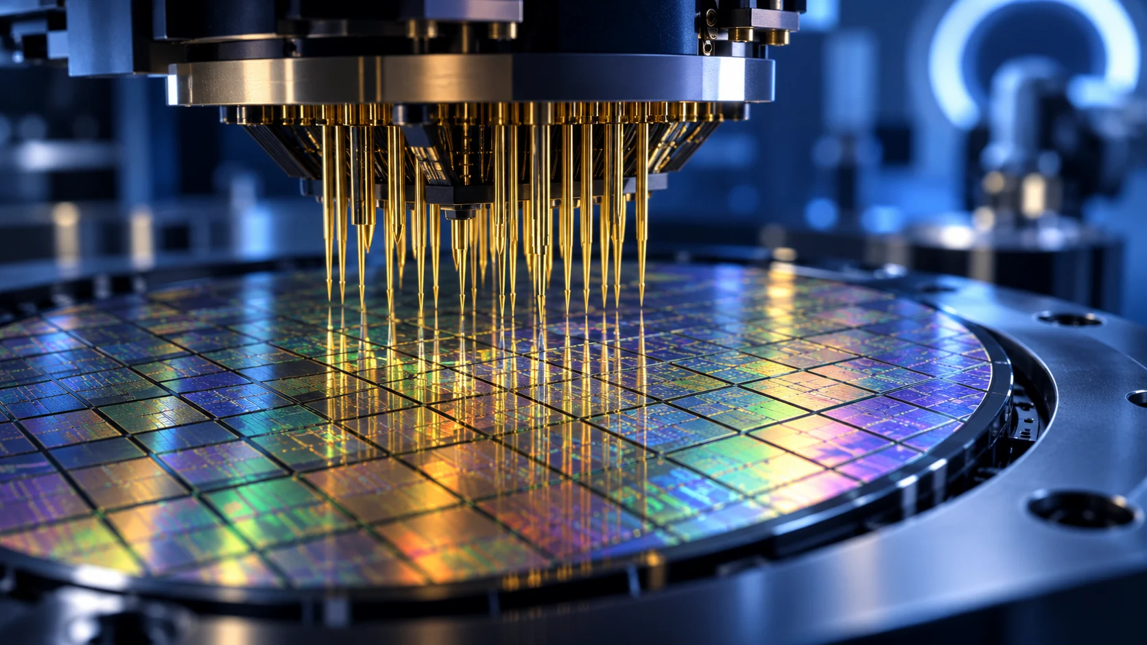Illustrazione ravvicinata di sonde di precisione sopra un wafer di semiconduttori.