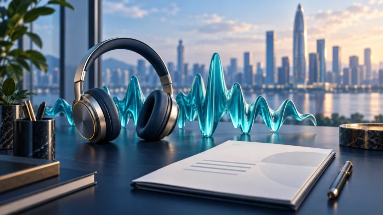 Cuffie e onda sonora azzurra accanto a un documento, con skyline di Shenzhen sullo sfondo