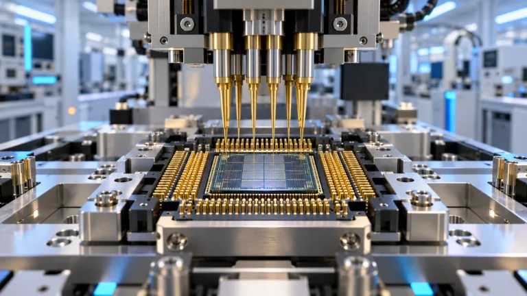 Illustrazione di un chip inserito in una macchina di collaudo con contatti dorati in laboratorio