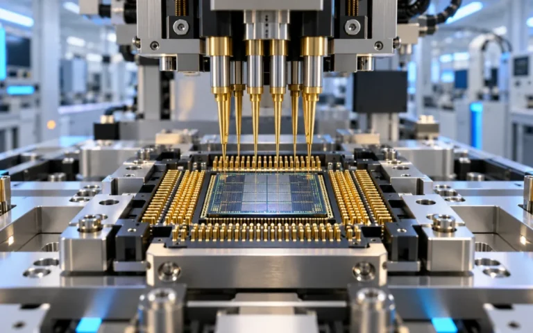 Illustrazione di un chip inserito in una macchina di collaudo con contatti dorati in laboratorio