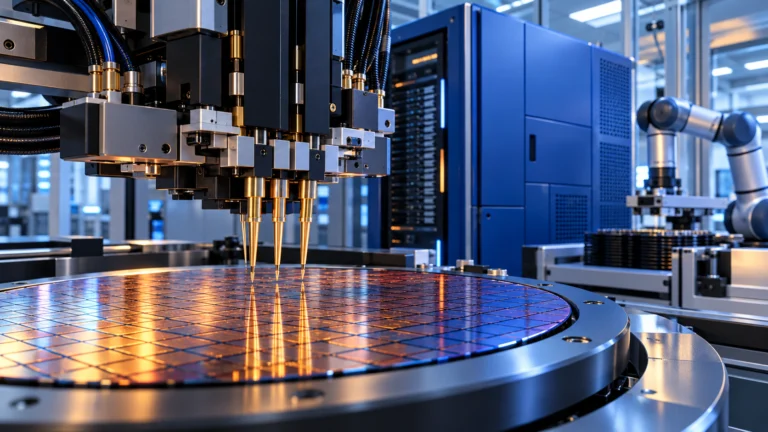 Sonde di precisione sopra un wafer di silicio in un laboratorio di collaudo automatizzato