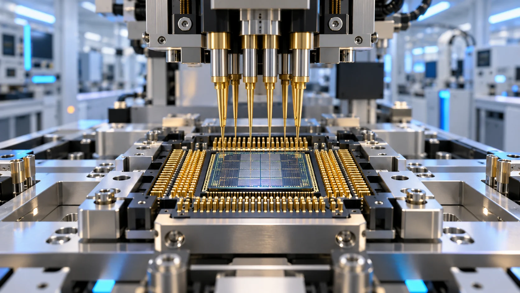 Illustrazione di un chip inserito in una macchina di collaudo con contatti dorati in laboratorio