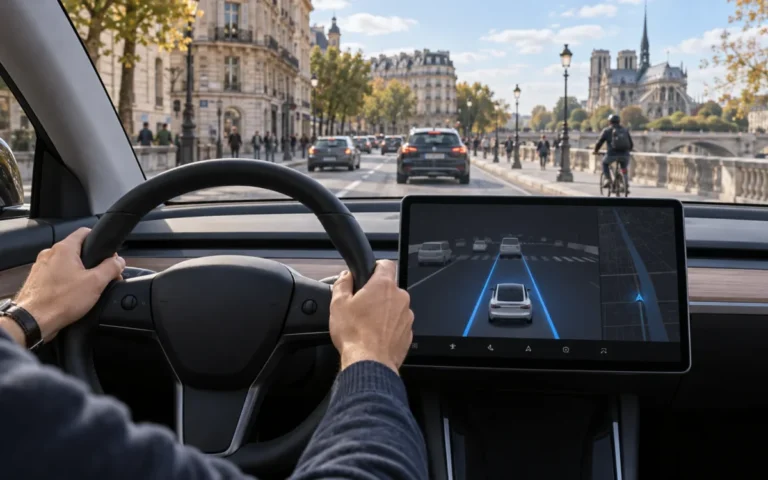 Illustrazione di un conducente con le mani sul volante e uno schermo di assistenza alla guida su una strada europea