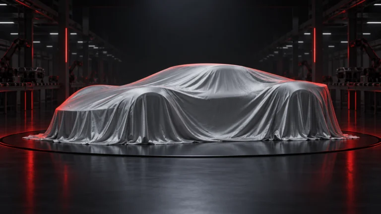 Illustrazione concettuale di una sportiva coperta da un telo su un palco, con una linea produttiva sullo sfondo