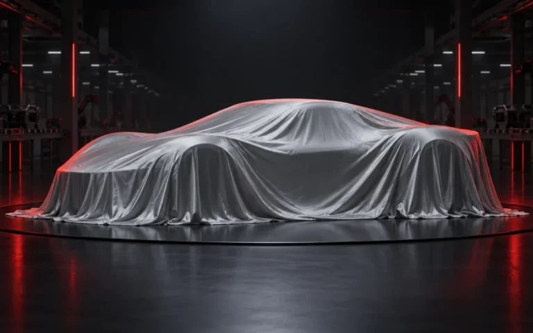 Illustrazione concettuale di una sportiva coperta da un telo su un palco, con una linea produttiva sullo sfondo