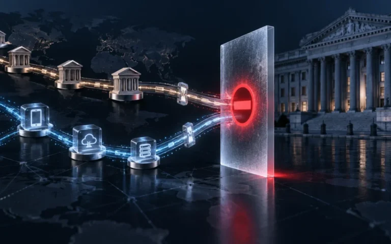 Illustrazione generata con IA: rete simbolica di pagamenti tradizionali e digitali fermata da una barriera.