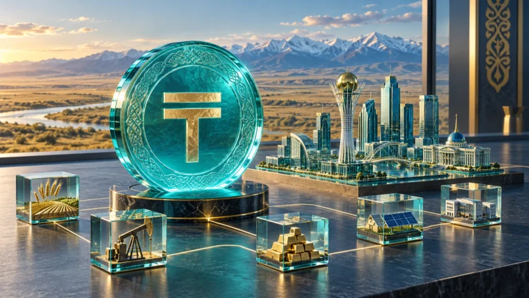 Illustrazione di un token con simbolo del tenge e attività digitalizzate, per il memorandum Tether–Kazakhstan.
