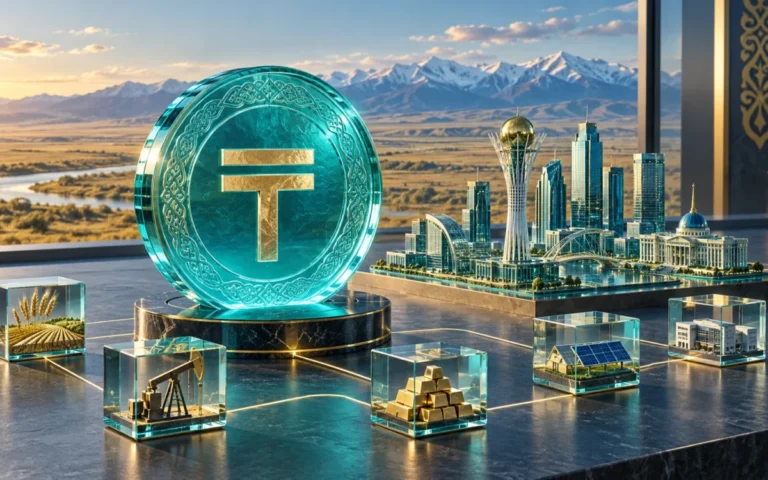 Illustrazione di un token con simbolo del tenge e attività digitalizzate, per il memorandum Tether–Kazakhstan.