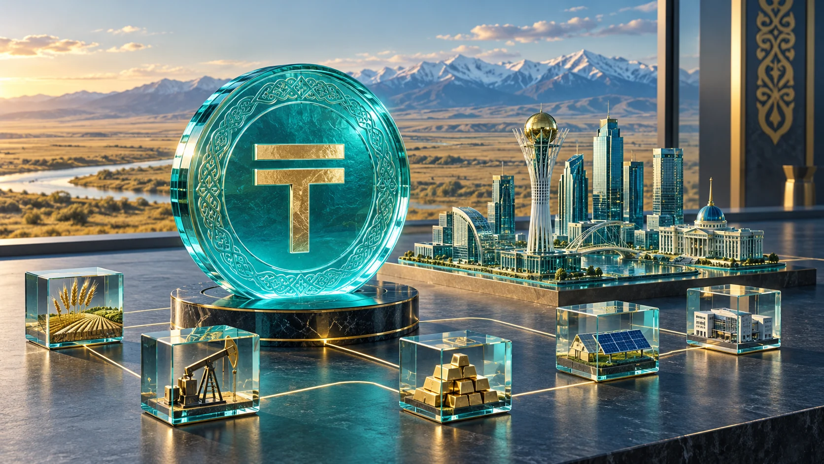 Illustrazione di un token con simbolo del tenge e attività digitalizzate, per il memorandum Tether–Kazakhstan.