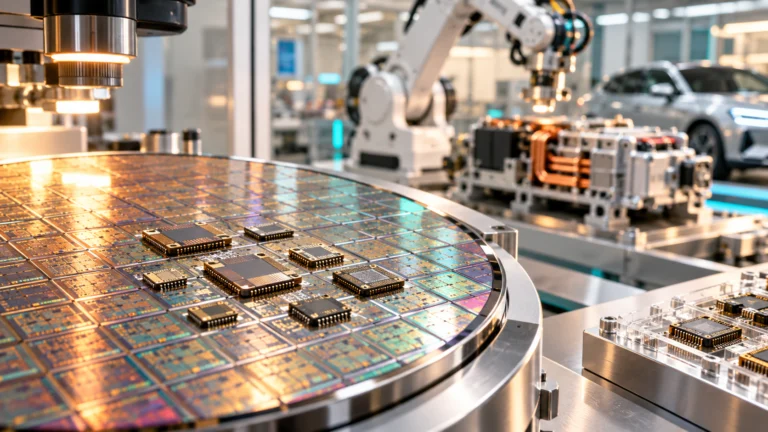 Wafer di silicio e chip con robot industriale e componenti automobilistici sullo sfondo.