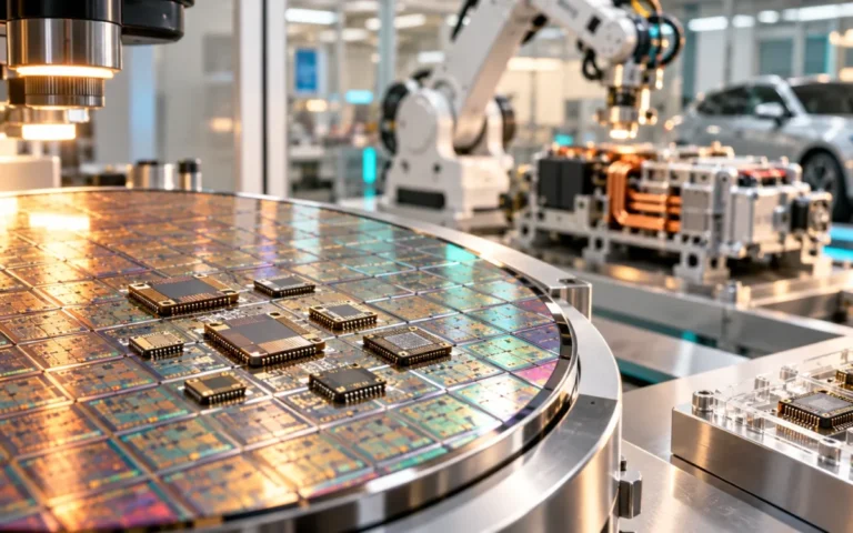 Wafer di silicio e chip con robot industriale e componenti automobilistici sullo sfondo.
