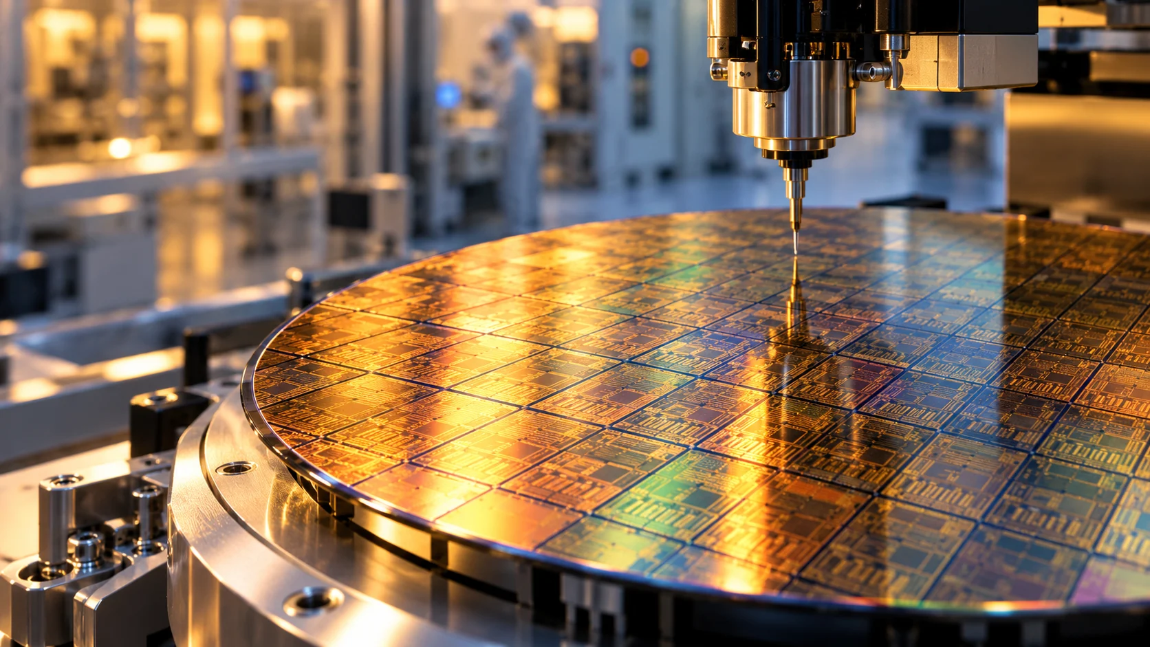 Wafer di silicio e sonda di precisione in una fabbrica di semiconduttori