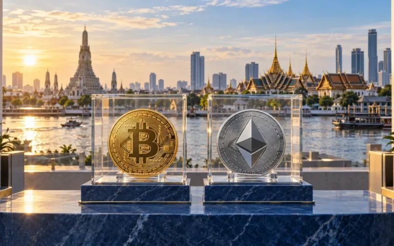 Simboli Bitcoin ed Ethereum in custodie separate davanti al panorama di Bangkok