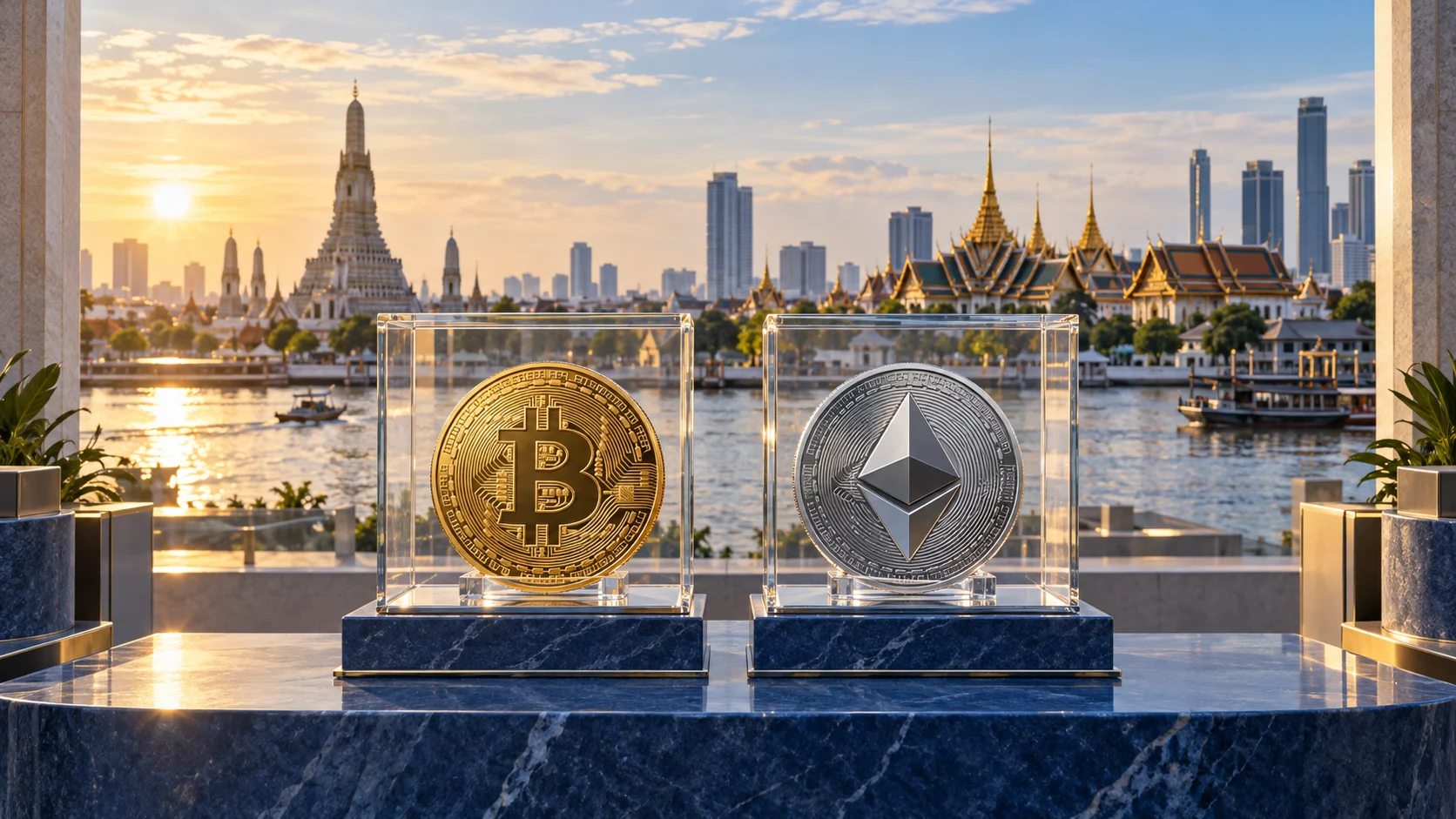 Simboli Bitcoin ed Ethereum in custodie separate davanti al panorama di Bangkok