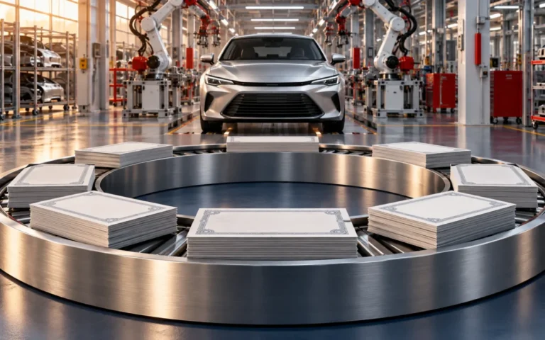 Illustrazione generata con IA: percorso circolare metallico attorno a certificati azionari simbolici, davanti a una linea automobilistica.