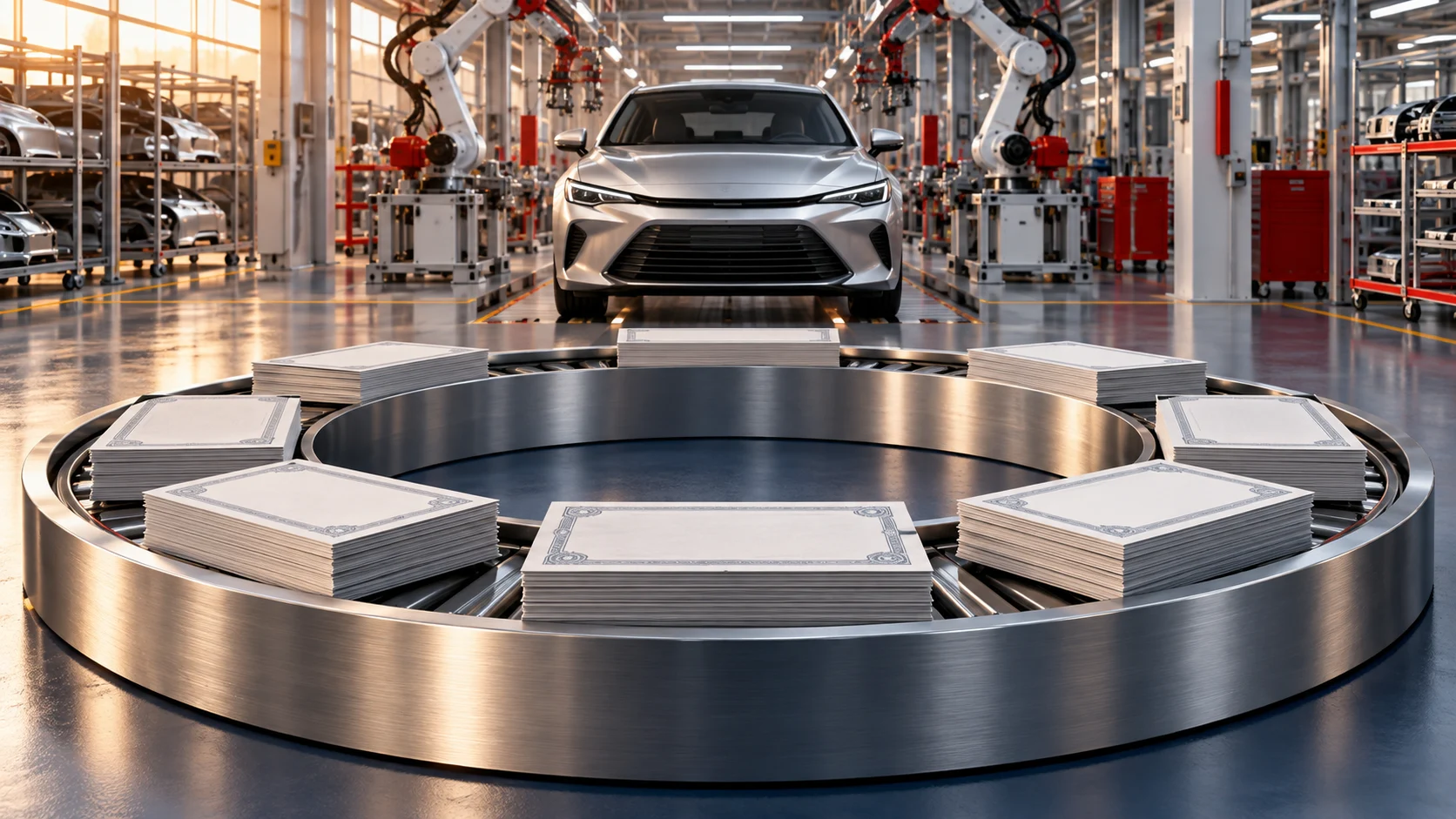 Illustrazione generata con IA: percorso circolare metallico attorno a certificati azionari simbolici, davanti a una linea automobilistica.