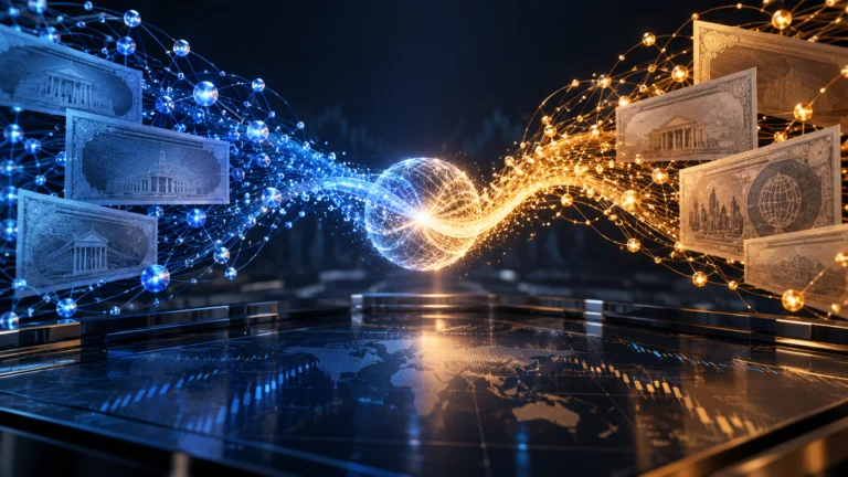 Reti digitali blu e dorate collegano certificati obbligazionari in una rappresentazione del trading elettronico