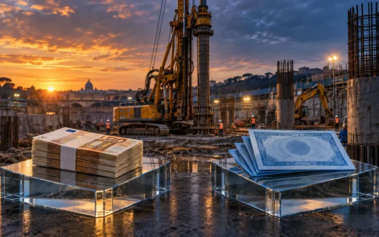Illustrazione del confronto tra offerta in contanti e scambio di azioni, con un cantiere di fondazioni sullo sfondo