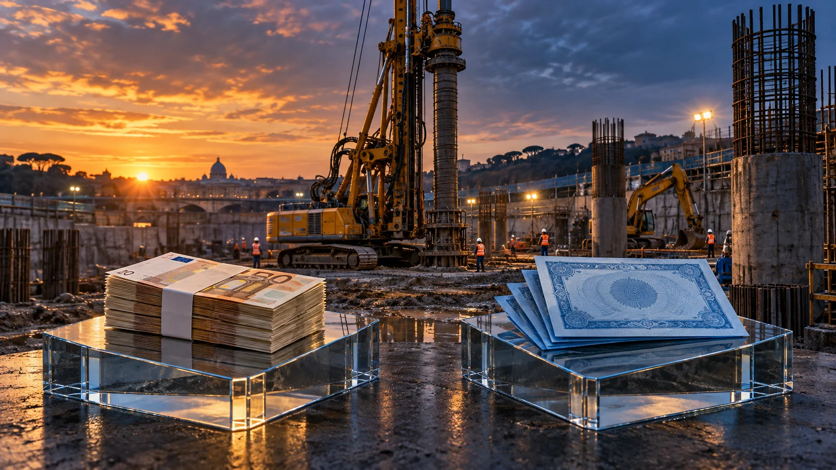 Illustrazione del confronto tra offerta in contanti e scambio di azioni, con un cantiere di fondazioni sullo sfondo