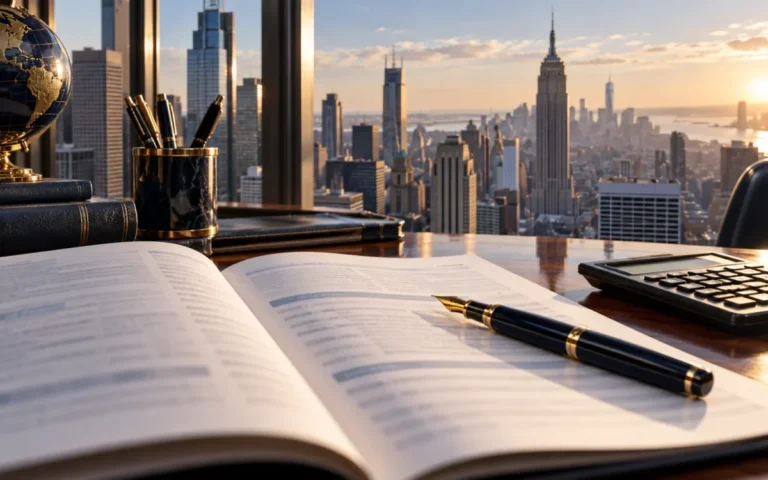 Bilancio aziendale aperto, penna e calcolatrice su una scrivania con New York sullo sfondo.