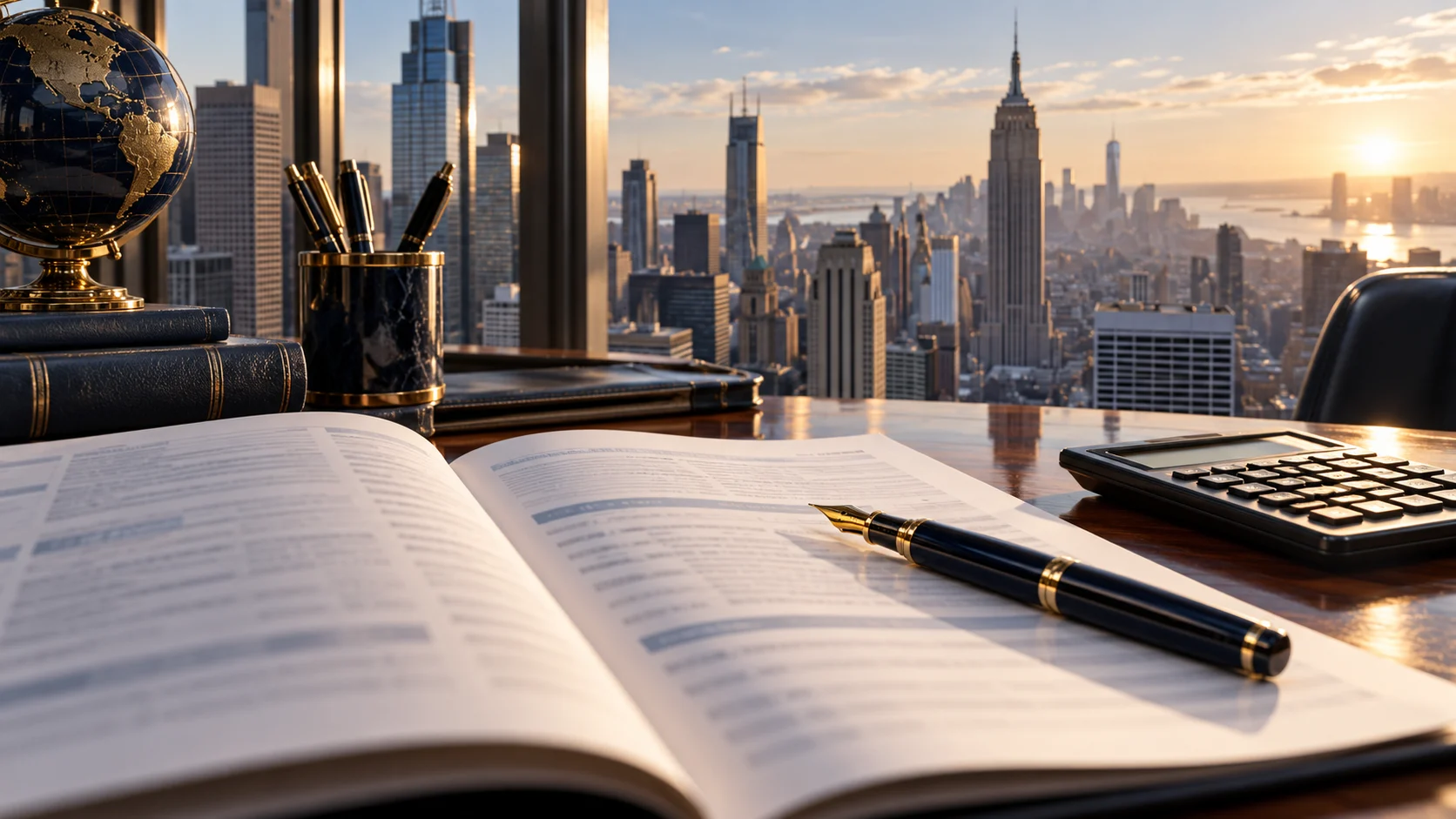 Bilancio aziendale aperto, penna e calcolatrice su una scrivania con New York sullo sfondo.