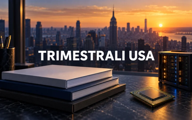 Trimestrali USA: bilanci, chip e server su una scrivania davanti allo skyline di New York all’alba