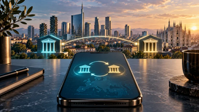 Illustrazione originale di pagamenti tra conti bancari su smartphone con Milano sullo sfondo