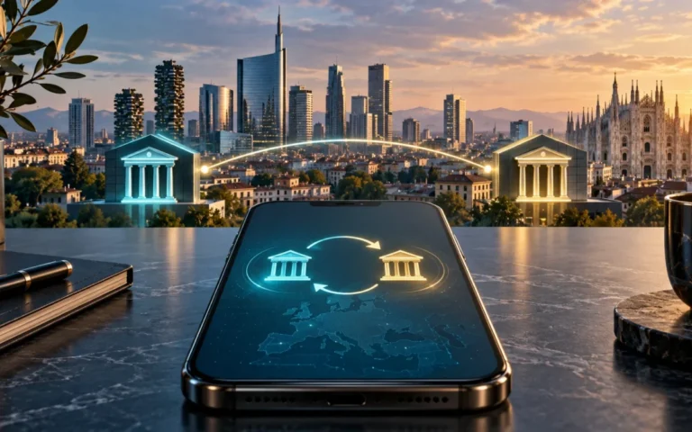 Illustrazione originale di pagamenti tra conti bancari su smartphone con Milano sullo sfondo