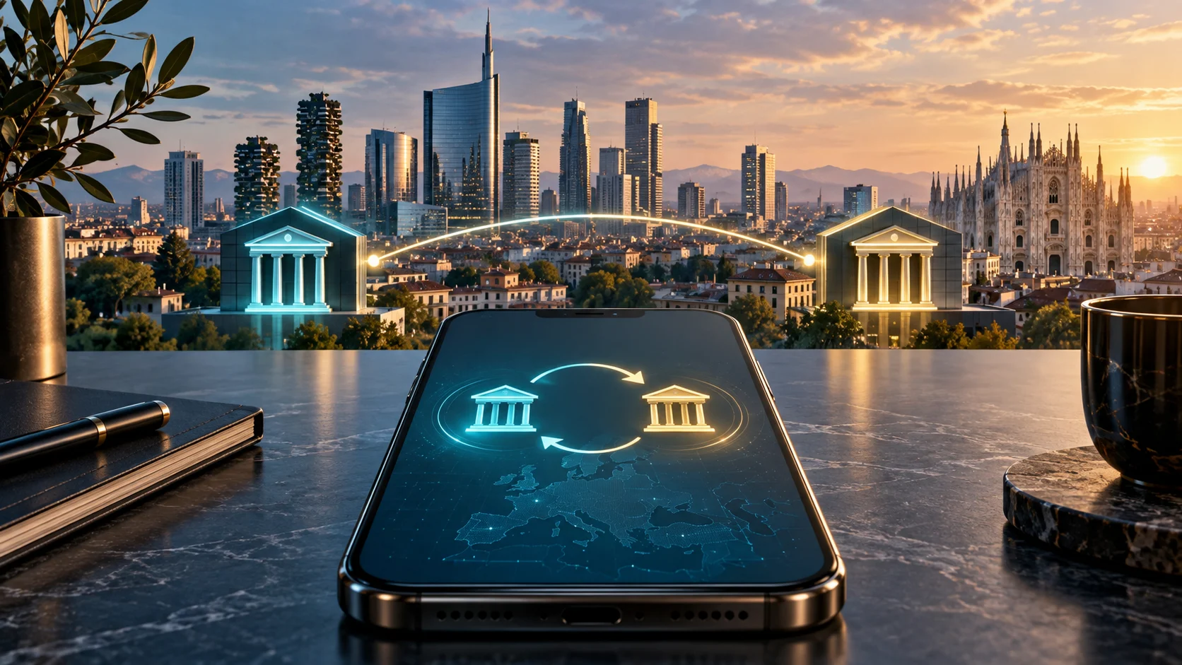 Illustrazione originale di pagamenti tra conti bancari su smartphone con Milano sullo sfondo