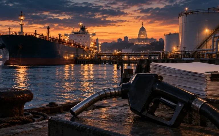 Petroliera, impianti di stoccaggio e pompa del diesel in una rappresentazione del commercio energetico e del dibattito al Congresso