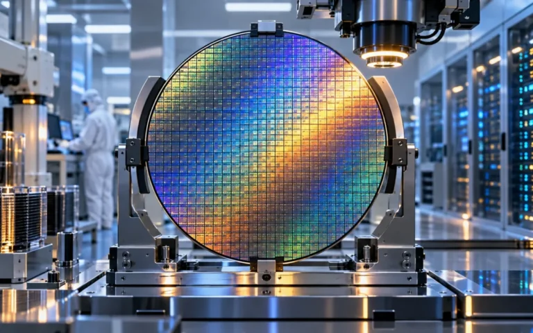 Illustrazione di un wafer di silicio iridescente in un supporto di ispezione, in un ambiente di produzione dei semiconduttori.