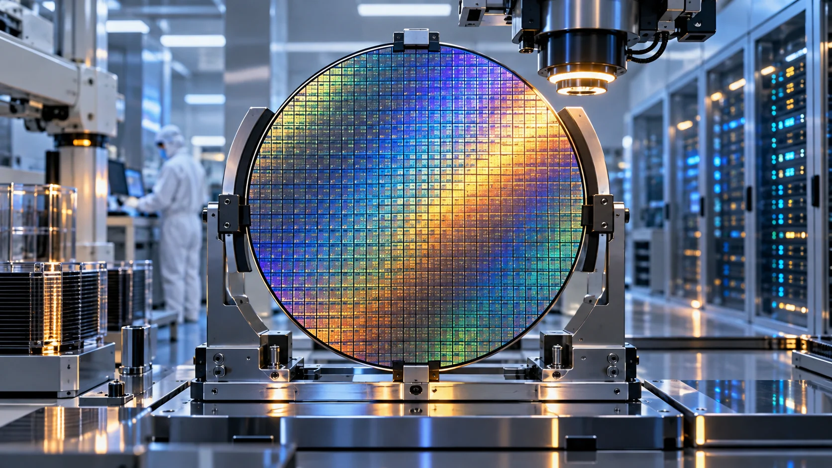 Illustrazione di un wafer di silicio iridescente in un supporto di ispezione, in un ambiente di produzione dei semiconduttori.